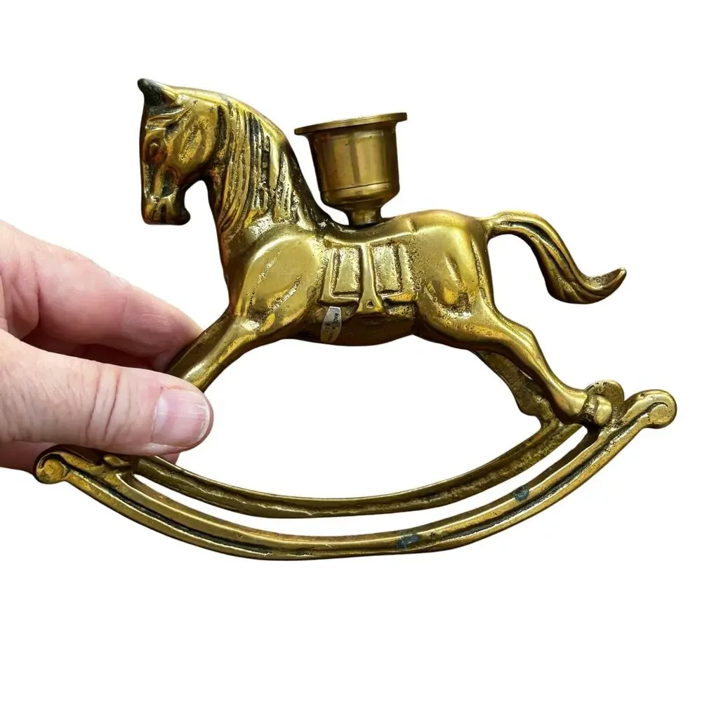 Vintage brass candle stick holder rocking horse whimsy festive holiday decor